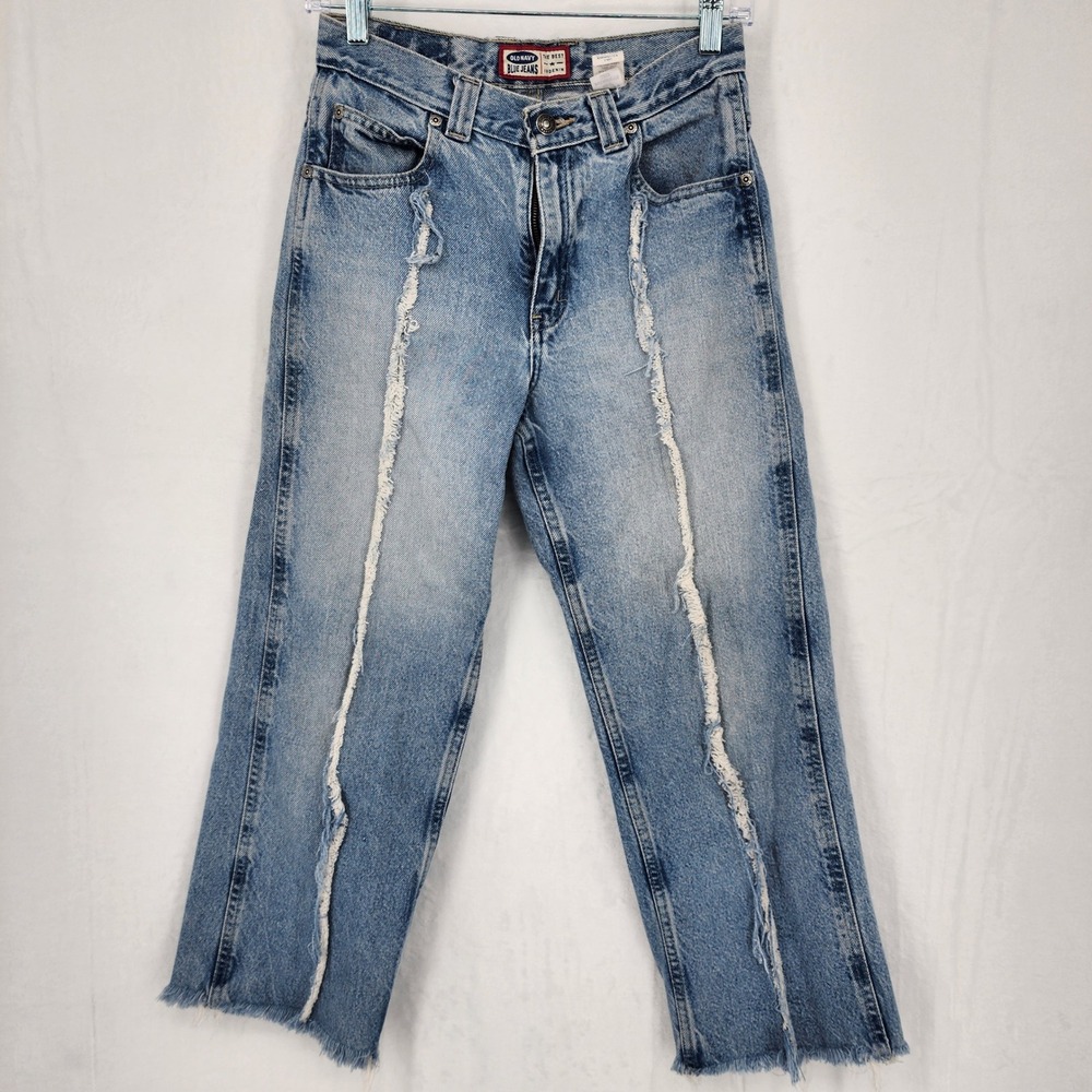 Old‎ Navy 90s Inspired Straight Leg Jeans Size 12 Light Wash Distressed Raw Hem